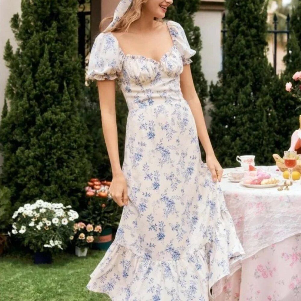 NWT LAIT Collection Katrina Cream White Blue Floral Midi Dress Size S